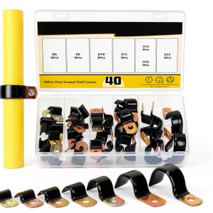 40Pcs 7 Sizes 6mm-25mm Vinyl Coated Cable Half-Clamps Kit, Galvanized Steel Rubber Coated Cushioned Insulated Cable Clamp, Metal Clamp Pipe Clamps P Clips for Pipe Tube Line-0