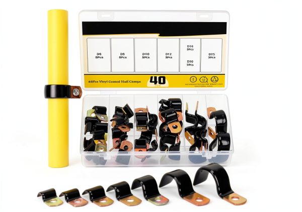 40Pcs 7 Sizes 6mm-25mm Vinyl Coated Cable Half-Clamps Kit, Galvanized Steel Rubber Coated Cushioned Insulated Cable Clamp, Metal Clamp Pipe Clamps P Clips for Pipe Tube Line-0